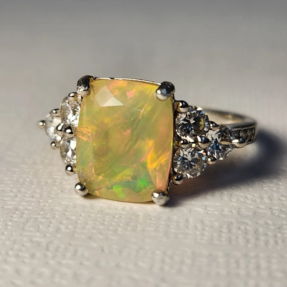 Genuine 2.05ct NATURAL Fiery Ethiopian Opal Wht Zircon 925 Ring Sz 7 VTG - Picture 10 of 15